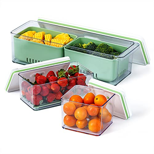 Lille Home Stackable Produce Saver, Organizer Bins/Storage Containers with Removable Drain Tray, Set of 3, for Refrigerators, Cabinets, Countertops and Pantry, BPA Free (Set of 3) (Green)