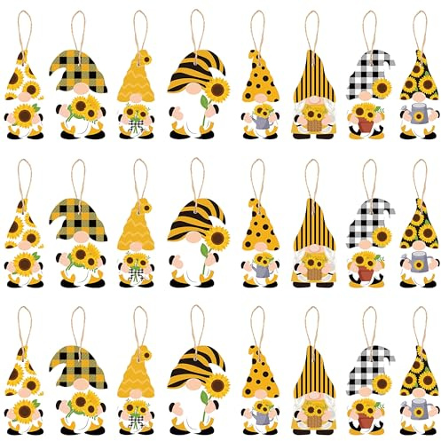 WATINC 25 Pack Sunflower Gnome Wooden Ornament, Hanging Wooden Pendants for Summer Party Decoration, Yellow Flower Gnome with Hat Handing Tag with Burlap Rope for Holiday Theme Party Favor Supplies