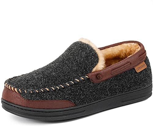 LongBay Men’s Moccasin Slippers Memory Foam Warm House Shoes Indoor Outdoor Rubber Sole 8UK,Black
