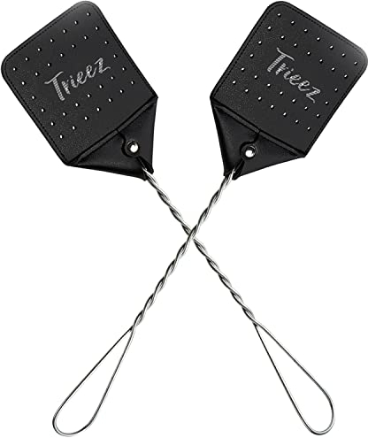 Trieez Lot de 2 tapettes à mouches en cuir robuste – Tapette à mouches robuste de 44,5 cm avec poignée en métal durable, tapette à insectes rustique pour mouches, abeilles et plus encore – Noir