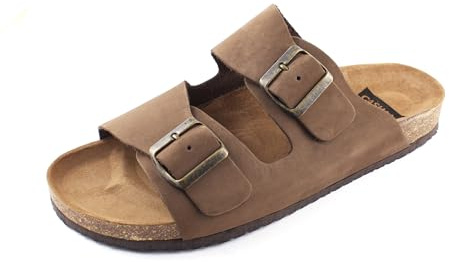 Casual Nubuk lädersandaler herr äkta läder sandaletter tofflor med korksula tillverkad i Spanien, BRUN, 42 EU