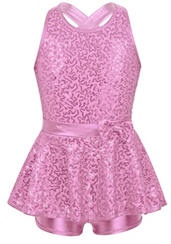 TiaoBug Balettklänningar för flickor, glänsande paljetter, balettdräkt, jazzklänningar, ärmlös, rygglös, body, baletttröja med korta byxor och kjol, dansklänningar, ROSA, 134-140