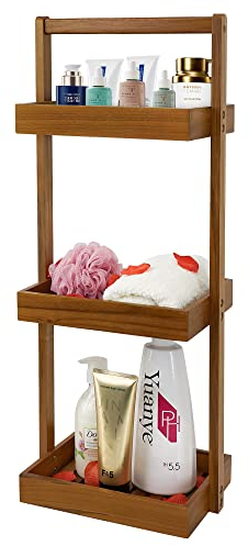 Utoplike Teak Shower Caddy Corner, 3 Tier Standing Organiser Shelf with Handle, Wooden Basket for Shampoo, towel in Bathroom, Livingroom, Office, Kitchen Desktop