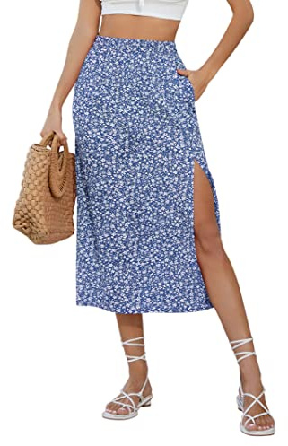KOJOOIN Gonna da donna con fessura, linea ad A, motivo floreale, gonna a fiori, gonna a vita alta, con stampa floreale (confezione multipla), A-fiori blu, M