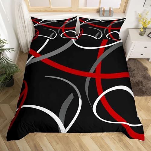 Set di biancheria da letto con copripiumino geometrico a spirale in rosso, grigio e nero, copripiumino retrò a cerchio per ragazzi e ragazze, copertura per letto con arte astratta, copriletto con 2