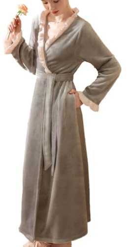 OKSakady Bata de baño de felpa para mujer, acogedora y cálida, bata de spa con cinturón, gris, L