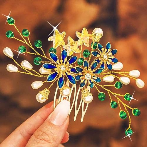 IYOU Barroco Novia Peine del pelo Verde Flor Novias Tocado Estrella Perla Boda Lado Peines Invitados Novia Accesorios para el cabello para Mujeres