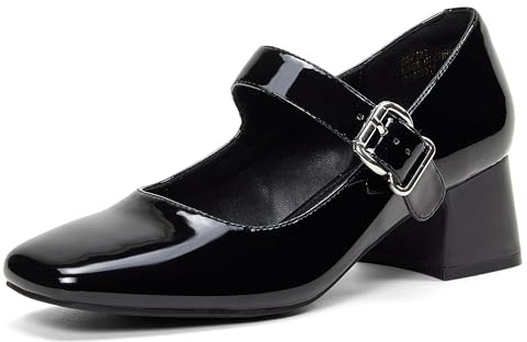 GENSHUO Escarpins Mary Jane à Talons Bas et Épais pour Femmes, Bout Carré Fermé, Bride à la Cheville, Parfait pour Le Bureau et l'Église, Noir, 38 EU