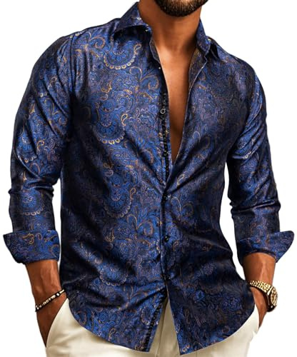 YOHOWA Chemise habillée en soie pour homme à manches longues cachemire jacquard boutonnée western chemise classique fête bal, Motif cachemire bleu, L