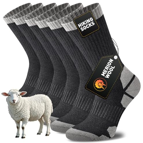 Niorasen Merino Wool Hiking Walking Socks for Men Women, Cushioned Anti Blister Performance Crew Socks for Sports Running, Cycling, Trekking, Work, Casual, Thicked Sock 3 Pairs