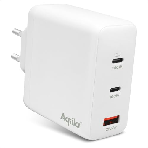 Aqiila USB Charger, 120W, USB-C Adapter, Fast Charger GaN, PD Power Delivery Quick Charge, PPS, 2x USB-C, 1x USB-A, 100-240V, Chargebird W4 White