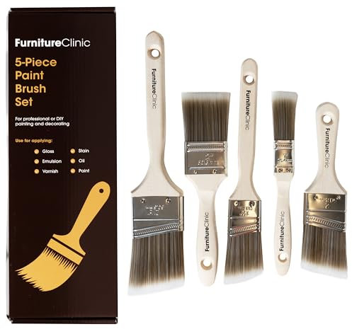Furniture Clinic Paint Brush Set for Professional or DIY Painting & Decorating - Set of 5 Brushes - Flat, Cutting Angled, 38mm, 50mm, 60mm Paintbrushes - For Gloss, Emulsion, Varnish, & Wood Staining
