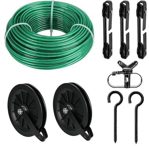 Fshihine Juego de cuerdas para tender de 45 m, 4,7 mm, con revestimiento de PVC verde, con núcleo de acero, polea para tendedero de 6,3 pulgadas, gancho de rosca M8, separador de tendedero, cuerda de