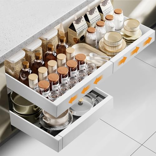 Cozary Cassetti Estraibili Telescopici, Organizer Cucina Cassetti con Adesivo, Larghezza Regolabile (32-55cm A X 42cm P X 7.5cm H), Acciaio al Carbonio, Cassetto Estraibile Cucina per Armadio