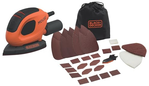 BLACK+DECKER 55W Compact Electric Mouse Sander, with Dust Extraction Port and 15 Accessories, Including Sanding Sheets, Detail Sander Tips, and Soft Bag, BEW230BC-GB