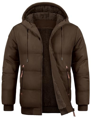 TOMEEK Chaqueta Hombre Invierno con Capucha Cálido Abrigo Hombres Cazadora Acolchada Forro Polar Casual Chaquetas con cremallera y Bolsillos Cómoda Cortavientos(Marrón,XL)
