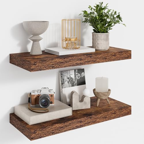Feihorrm Set of 2 Floating Shelves, 40cm Floating Shelf, Vintage Brown Wall Shelves, Wooden Shelves, Shelves for Wall, Wall Shelf for Bathroom, Kitchen, Living Room and Bedroom, Home Decor