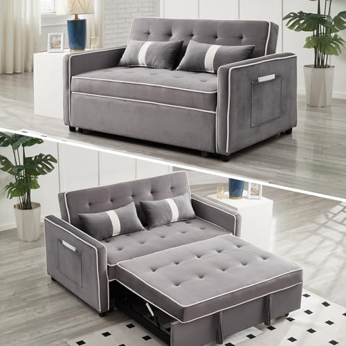 3 in 1 Convertible Sleeper Sofa Bed, Pull Out Couch Bed with USB Ports, Foldable Tables & Phone Stand, Adjustable Backrest Velvet Loveseat Futon Couch for Living Room Bedroom Samll Space (Grey-S)