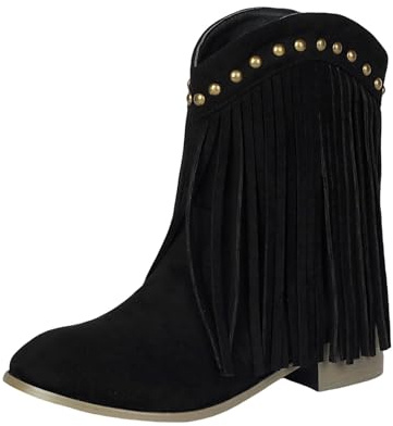 Generiska västerländska stövlar dam cowgirl cowboystövlar mocka stövlar låg klack ankelstövlar med fransar damstövlar nitar korta stövlar bekväma slip-stövlar eleganta halvstövlar