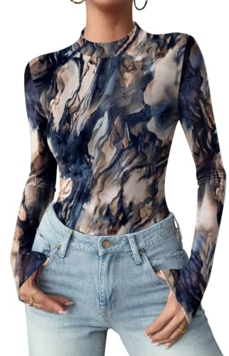 Zeagoo Women's Mesh Tops Long Sleeve T Shirts Transparent Top Mock Neck | See Through Tops Sexy Lace Top Slim Fitted Sheer Shirt Party Festival Clubwear XS-XXL