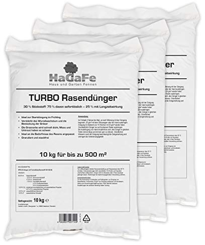 3 x 10kg HaGaFe TURBO Rasendünger mit 30% Stickstoff, Rasen – Dünger mit 120 Tage Langzeitwirkung, Stickstoffdünger, Dünger, sattes Turbo - Grün in einer Woche, 30kg für 1.500m²