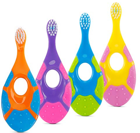 Slotic Baby Toothbrush for 0-2 Years, Safe and Sturdy, Toddler Oral Care Teether Brush, Extra Soft Bristle for Baby Teeth and Infant Gums, Dentist Recommended (4-Pack)