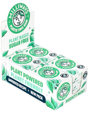 Milliways Mighty Mint Chewing Gum, Plastic Free, Sugar Free, Aspartame Free, Natural | 12 Packs of 10 Pieces (120 Pieces Total) | Xylitol, Plant-Based, Biodegradable