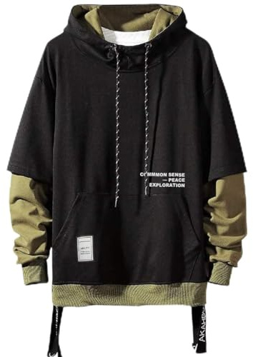 Moshtashio Sudadera con Capucha para Hombre Contraste Color Pullover Patchwork Manga Larga Hoodie Casual(Negro,XL)