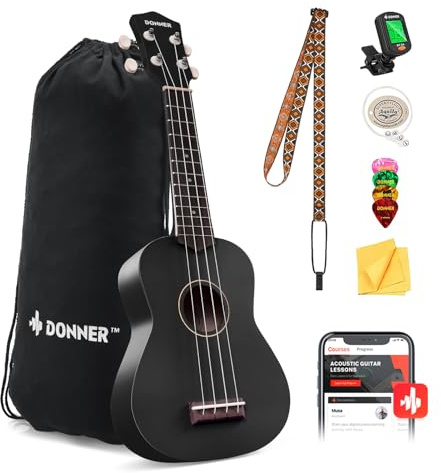 Donner Sopran Ukulele Kit für Anfänger - DMU-01 Macaron Series 21 Zoll Hawaii Gitarre Mit Mattem Finish (Dunkles Schwarz)