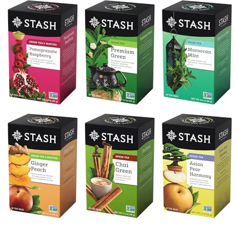 STASH Green Tea Variety Pack – Caffeinated, 6 Boxes of 18-20 Tea Bags Each – Pomegranate Raspberry, Premium Green, Moroccan Mint, Ginger Peach, Chai Green & Asian Pear Harmony