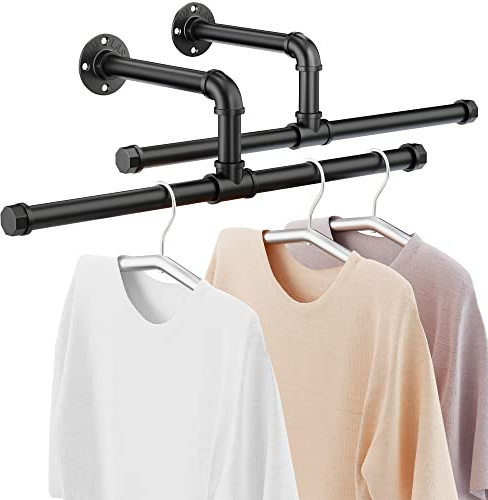 FANHAO Porte-vêtements Industriel en Tuyaux, Barre à Vêtements Mural Amovible Robuste en Fer, pour Suspendre des Vêtements pour Buanderie, Noir (2-Pack)