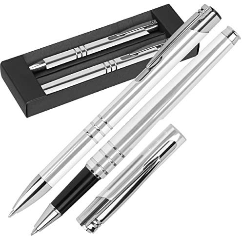Juego de escritura de bolígrafo de metal con mina de gran espacio y 2 instrumentos de escritura en caja de cartón en azul, negro, plata o rojo (plata)