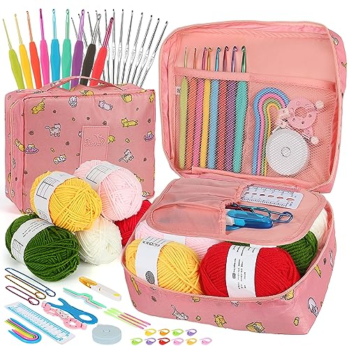 Coopay Häkelset für Anfänger, 58 Stück Rosa Katze Häkelnadel Set Inklusive Häkelnadeln mit Weicher Griff, Spitze Häkelnadel, Garn, Häkelzubehör, Tragbar Tasche & mehr, Anfänger Häkel Set mit Wolle