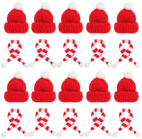 Mini Weihnachtsmütze, Flaschen Deko Weihnachten, 20 Stück Weihnachtsmützen Mini und Mini Schal Set，Kleine Weihnachtsmützen Geeignet für Weihnachten