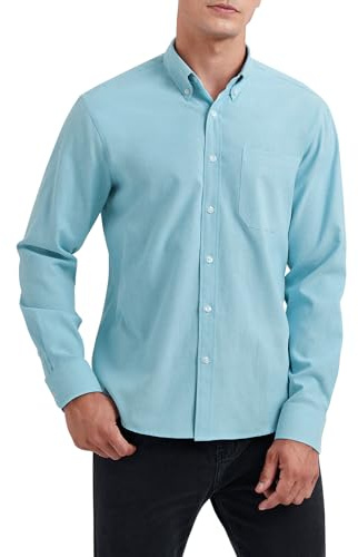 HISDERN Mens Blue Oxford Shirts Long Sleeve Button Down Casual Shirts for Men Formal Business Shirt with Pocket Regular Fit XL