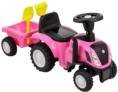 Baroni Toys Tracteur Ride-On avec remorque pour enfants de 12 à 36 mois, tracteur avec klaxon à air, volant directeur, sons et phares fonctionnants, pelle et râteau inclus, 29 x 91 x 44 cm, rose