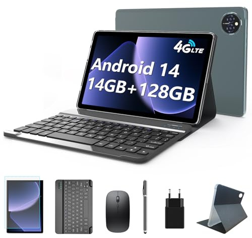 2026 Neueste Android Tablet, Android Tablet 10 Zoll mit 14GB+128GB+1TB TF, 4G LTE 5GHz WiFi Tablet PC, Octa Core, 1280x800 Incell IPS, 7000mAh,13MP+8MP, GPS, GMS, mit Tastatur Stift und Hülle, Grau