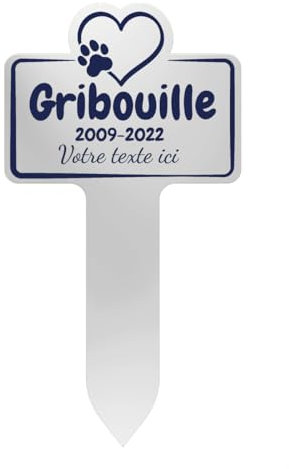 GRAVURE CONCEPT Plaque Funéraire pour Animaux - Stèle Commémorative Personnalisable PVC (Chien/Chat etc) - (Modèle 1 / Blanc Texte Bleu)