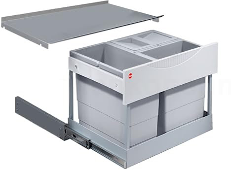 Hailo Abfallsammler 3644801 | 3-fach Raumspar Tandem Mülleimer | 2x 8.5 + 12L Abfalleimer | Ausfahrautomatik integriert | Mülltrennsystem ab 60 cm Unterschrank | Passend für Drehtür