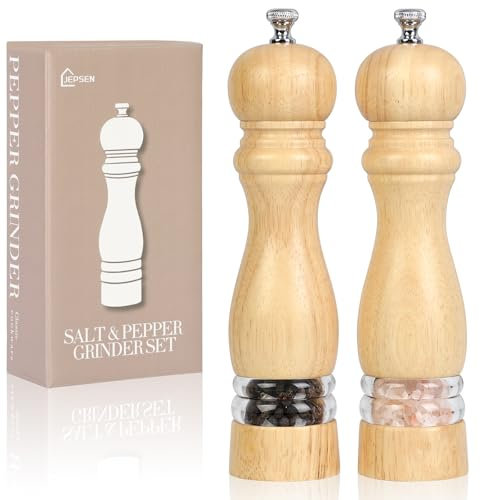 JEPSEN Salt and Pepper Grinder Set 8-Inch, Wooden Pepper Mill & Salt Grinder with Adjustable Ceramic Core - 2-Piece Salt and Pepper Grinders(Natural Wood Color)