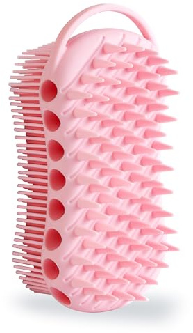 MtBoi Double-Sided Exfoliating Silicone Body Scrubber, 2-in-1 Bath Scrubber, Shampoo Brush, Silicone Loofah for All Skin Types, Shower Body Scrubber, Easy to Clean, Lather Well (Pink)