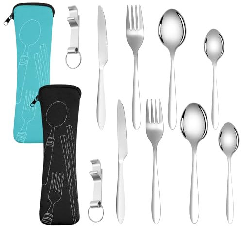 Vicloon Lot de 2 couverts de camping en acier inoxydable, 10 pièces fourchette, couteau, cuillère et ouvre-bouteille pour pique-nique, voyage (bleu et noir)