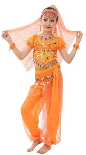 Children's Girls Belly Dance Costumes Kids Belly Dancing Cloth Kids Indian Cute Dance Costume Children's Day Sequin Outfits Girls Latin Dance Costumes Suitable for Stage (Orange, 9-10 Years)