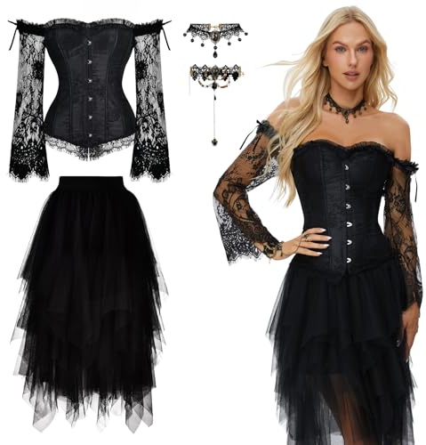 Joellfuner Halloween Deguisement Femmes, Corset et 76cm Jupe Tulle Noir, Gothique Overbust Top Bustier, Accessoires Carnaval Cosplay (FR/ES, Alpha/lettres, S, Taille normale, Taille normale, A)