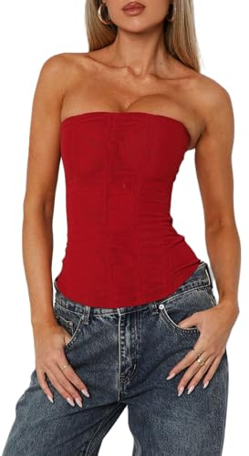 Cheluzz Women Lace Y2K Strapless Bustier Corset Back Zip Mesh Boned Bodyshaper Tube Top Slim Fit Going Out Bustier Clothes (Red, M)