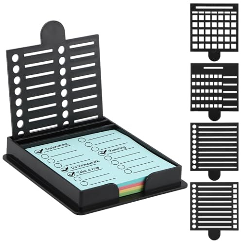 Frandilo Sticky Note Holder with 5 Different Stencil & 100 Sheet Post It Notes, 3x3 inch Sticky Pads Dispenser with Line Box Drawing Template for Office and Home(COLOR:black)