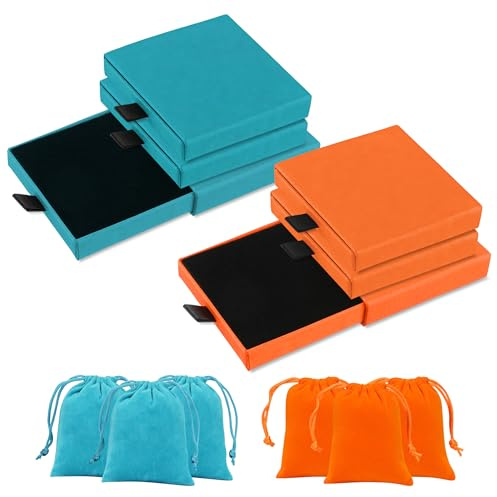 JNYUTEEN 6 Pezzi Scatole Regalo per Gioielli, 8 x 7,5 x 1,7 cm Scatole Regalo Piccole per Gioielli, Blu e Arancione Scatole Regalo a Cassetto con Sacchetti per Anelli e Orecchini