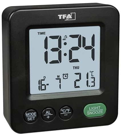 TFA Dostmann Sveglia digitale da comodino, Mini, 60.2567.01, a batteria, radiocontrollato, temperatura interna, impostazione fuso orario, durata snooze personalizzabile, giorno della settimana, nera