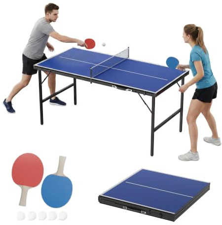 UISEBRT Mini bordtennisbord hopfällbar 152,5 x 76 cm, MDF bordsskiva med metallram, komplett ping pong set med 2 racketar, 5 bollar, nätväska, inomhus och väderskyddat utomhusbord