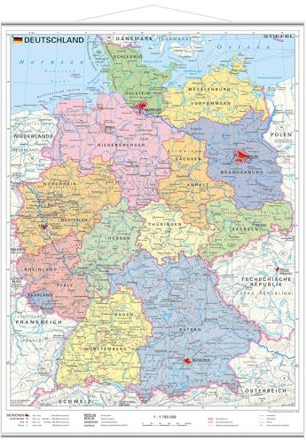 Deutschland politisch. Wandkarte laminiert mit Metallleiste